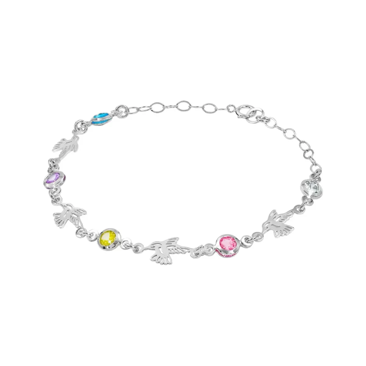 Pulsera Plata 925 Colibríes con Zirconia Multicolor Ajustable - Imagen 2