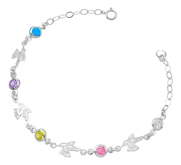 Pulsera Plata 925 Colibríes Zirconia Multicolor Ajustable - Imagen 1