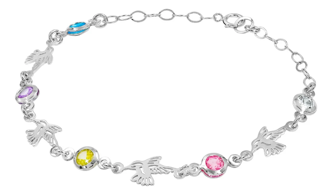 Pulsera Plata 925 Colibríes Zirconia Multicolor Ajustable - Imagen 1