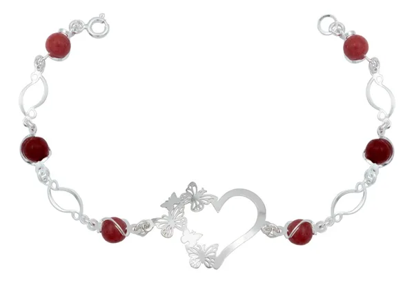 Pulsera Plata 925 Corazón Mariposas con Cuarzo Rojo Genuino - Imagen 1