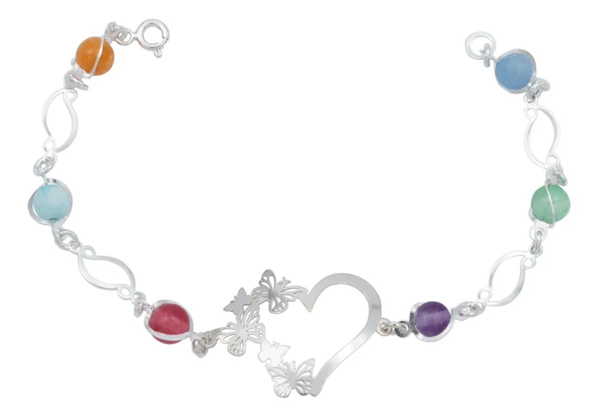 Pulsera de plata 925 con dijes de Corazón y Mariposas, adornada con Cuarzo Natural Multicolor. Joyería mexicana moderna, rega