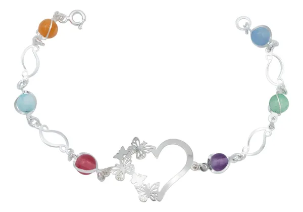 Pulsera de plata .925 multicolor cuarzo natural dijes corazon mariposas — Joyaris