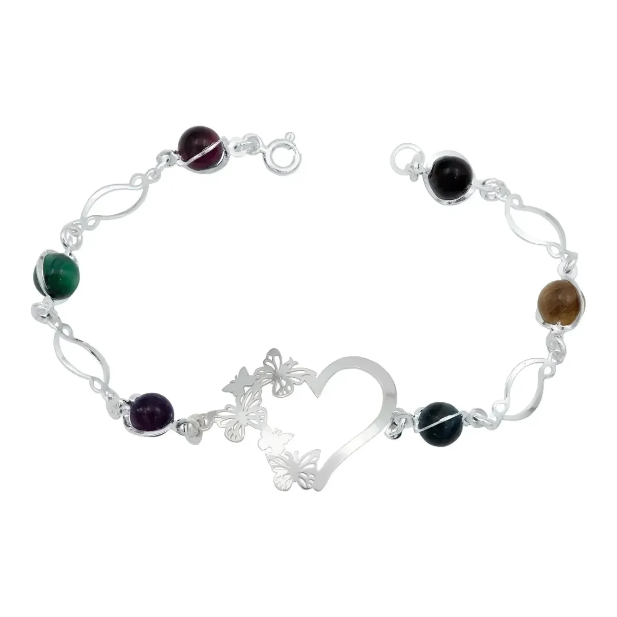 Pulsera con dijes de mariposa y corazón en plata ley 925 con cuentas de cuarzo multicolor y broche de reasa para mujer