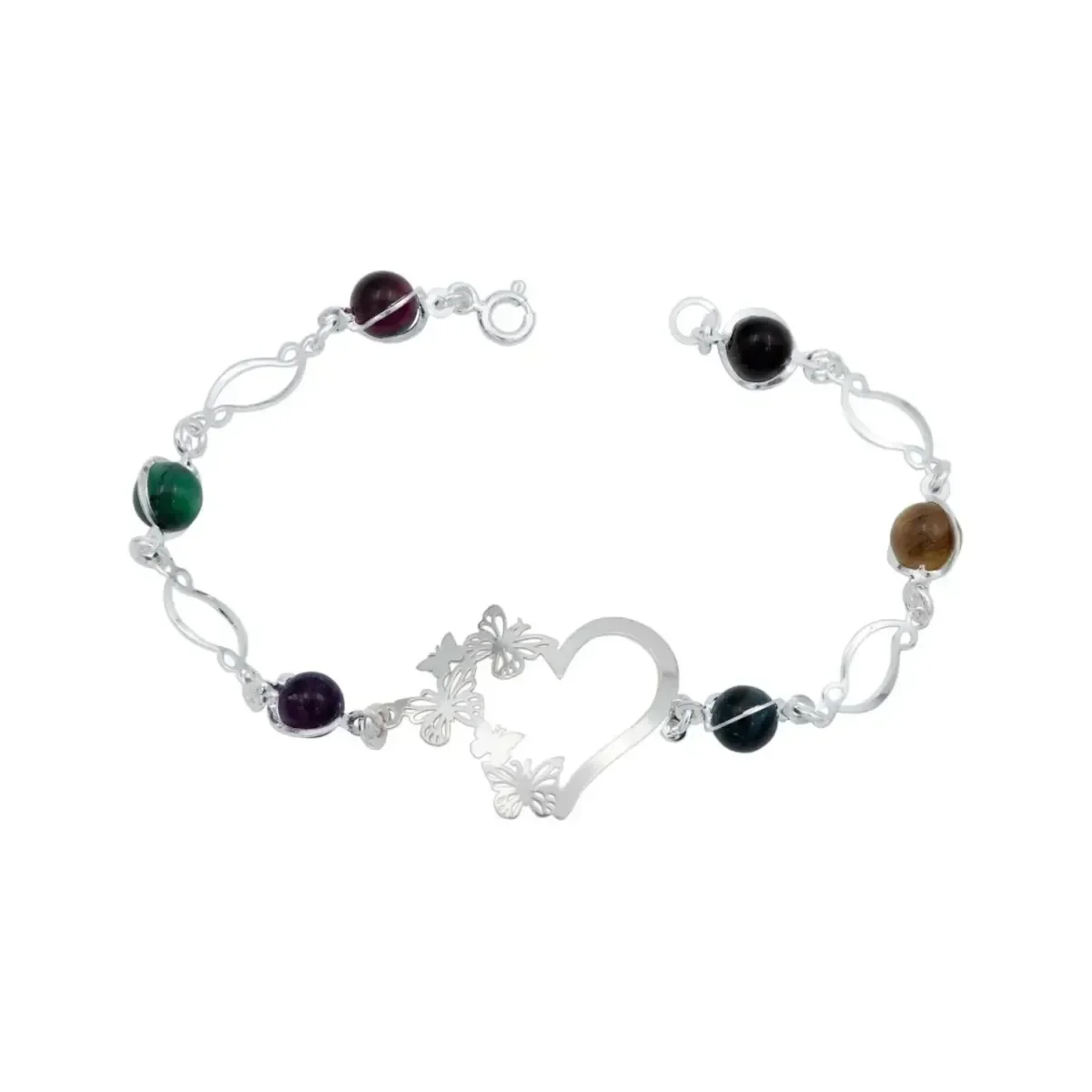 Pulsera de Plata 925 con Corazón, Mariposas y Cuarzo Multicolor - Imagen 1