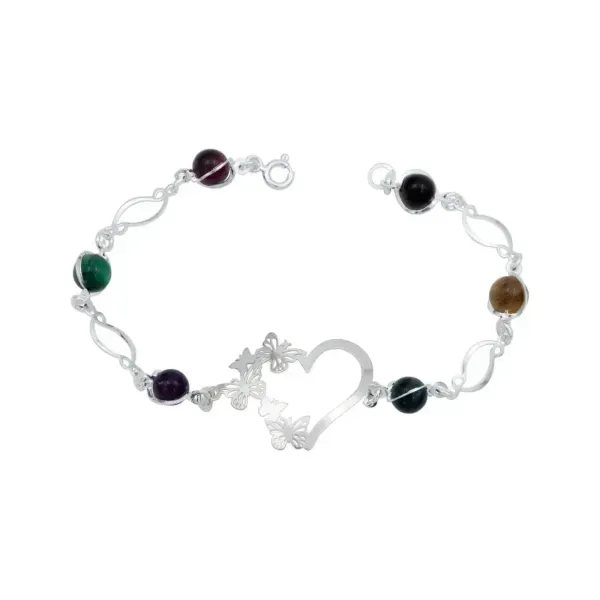 Pulsera de Plata 925 con Corazón, Mariposas y Cuarzo Multicolor - Imagen 1