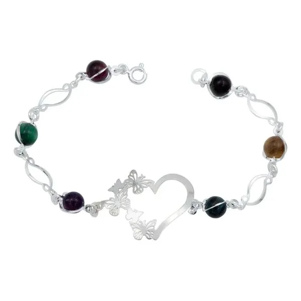 Pulsera de Plata 925 con Corazón, Mariposas y Cuarzo Multicolor - Imagen 1
