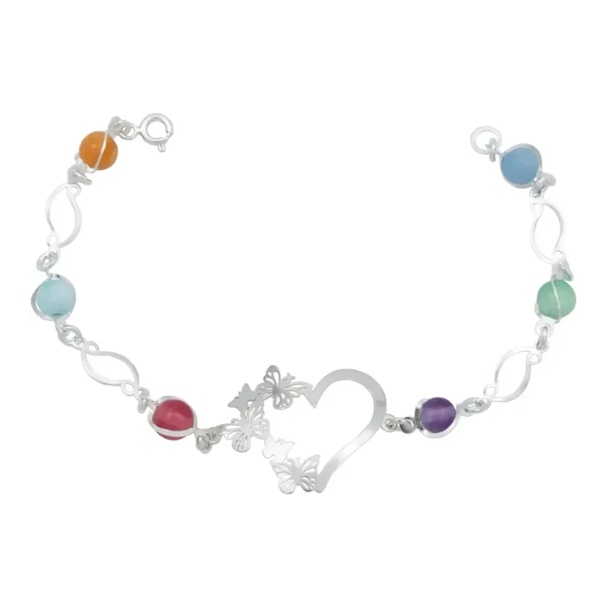 Pulsera mariposa plata 925 con dijes de corazón y piedras de cuarzo natural multicolor con broche de reasa joyería mexicana
