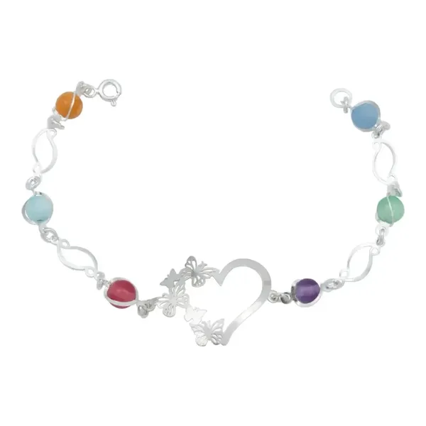 Pulsera de plata .925 multicolor cuarzo natural dijes corazon mariposas — Joyaris