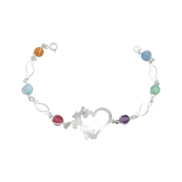 Pulsera de plata .925 multicolor cuarzo natural dijes corazon mariposas — Joyaris