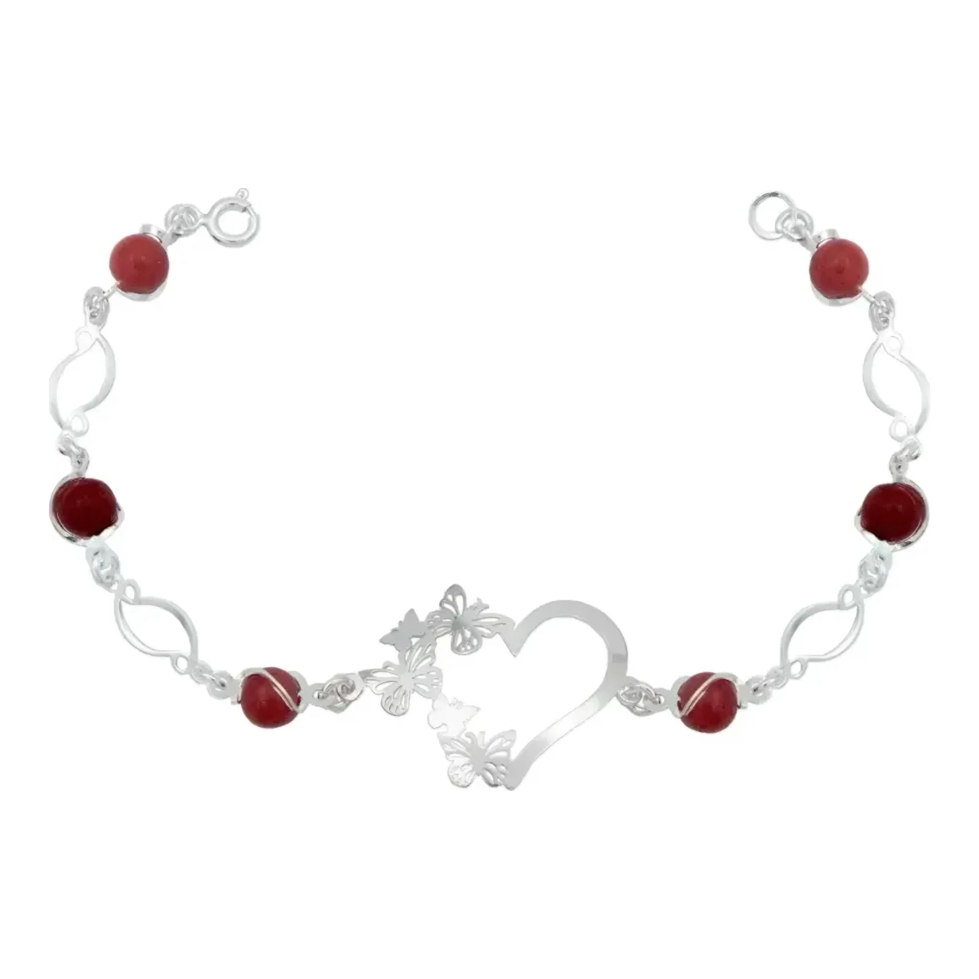 Pulsera de mariposa plata con dije de corazón y cuarzo rojo natural en auténtica plata punto 925 mexicana para dama brillante