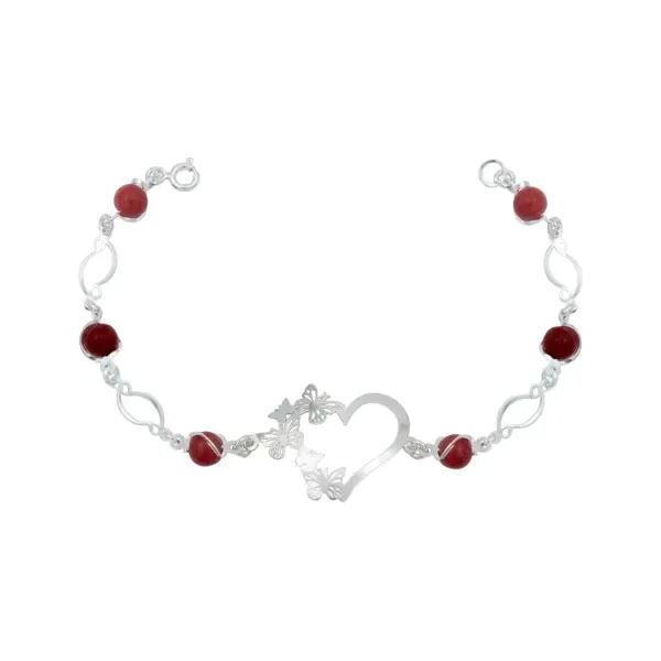 Pulsera Plata 925 Corazón Mariposas con Cuarzo Rojo Genuino - Imagen 1