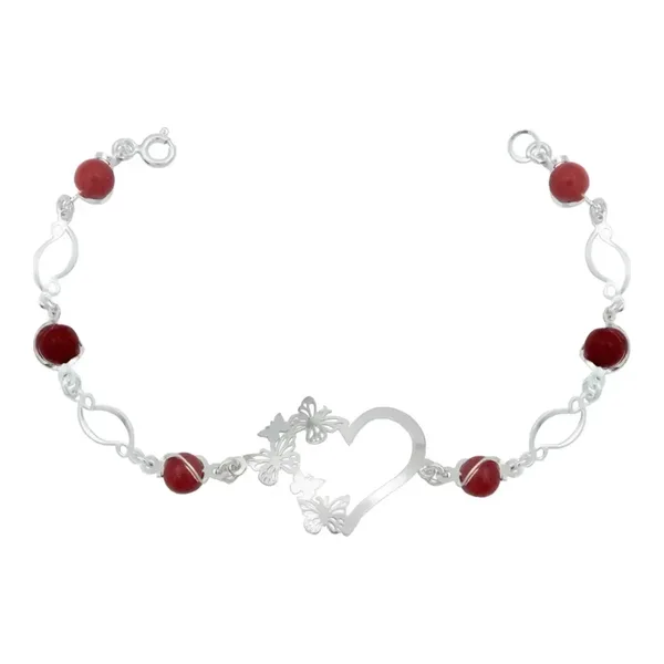 Pulsera Plata 925 Corazón Mariposas con Cuarzo Rojo Genuino - Imagen 1