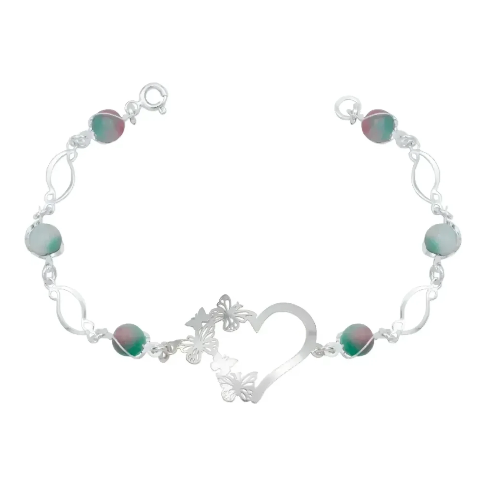 Pulsera mariposa plata 925 mujer dije corazón tricolor cuarzo natural joyería mexicana artesanal acabado liso broche reasa