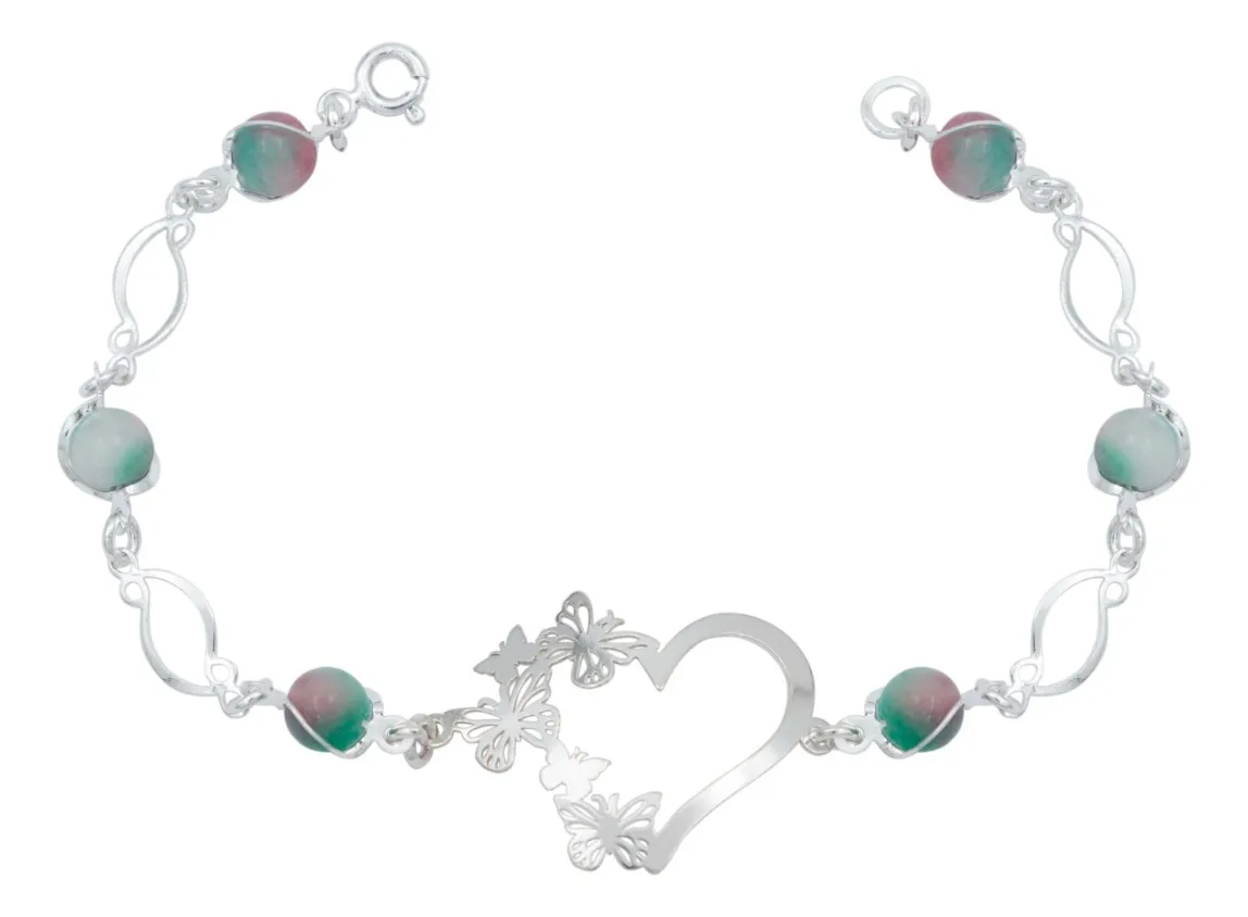 Pulsera Plata 925 Corazón Mariposas Tricolor con Cuarzo Natural para Mujer. Joya artesanal mexicana, diseño chunky y multicol