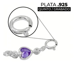 Pulsera Plata 925 Corazones Zirconia Violeta Ajustable - Imagen 3