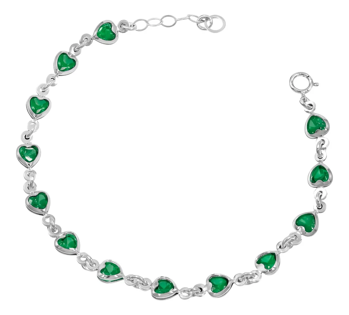 Pulsera Corazones Plata .925 con Zirconia Verde 19cm - Imagen 1