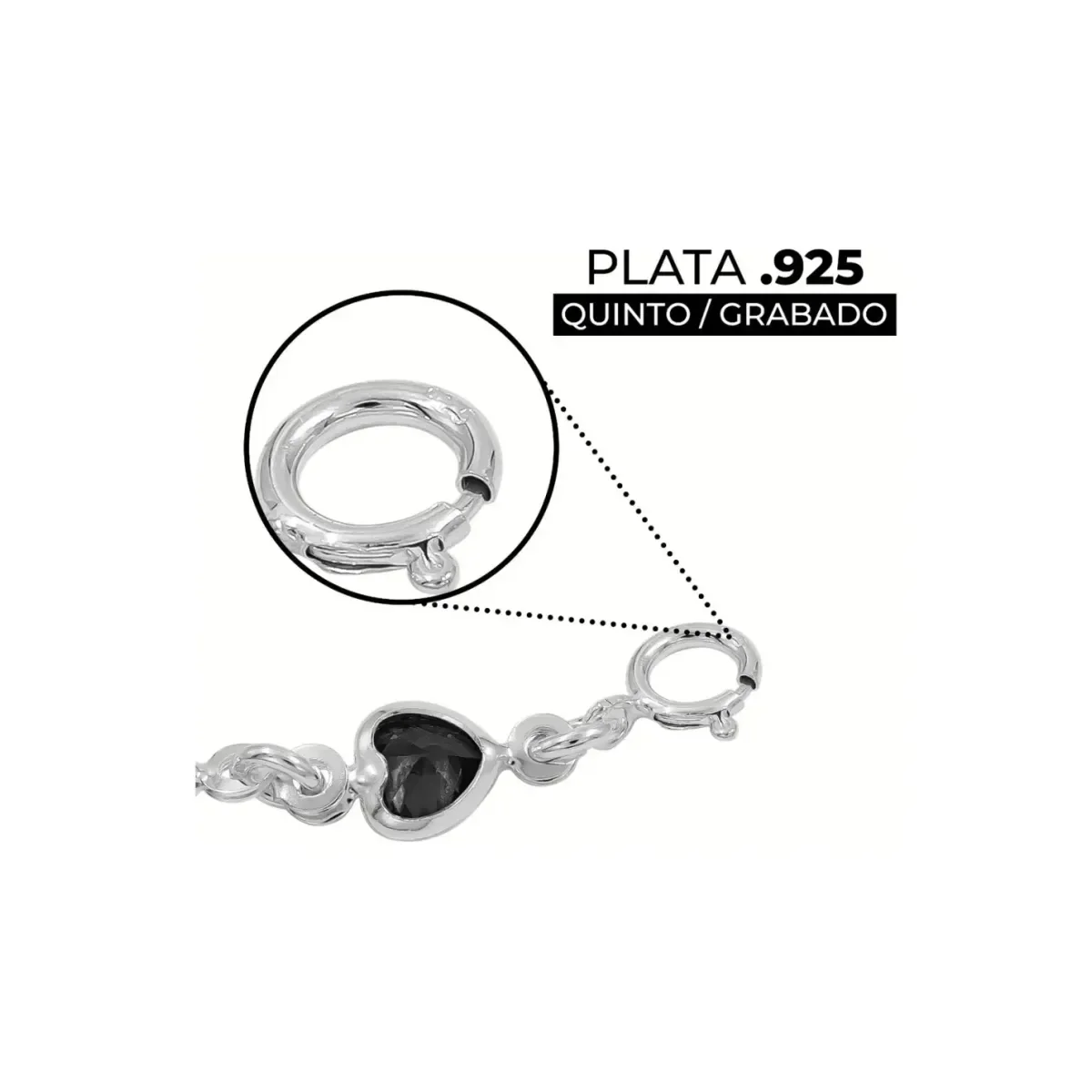 Pulsera de Plata 925 Corazones con Zirconia Negra Ajustable - Imagen 3