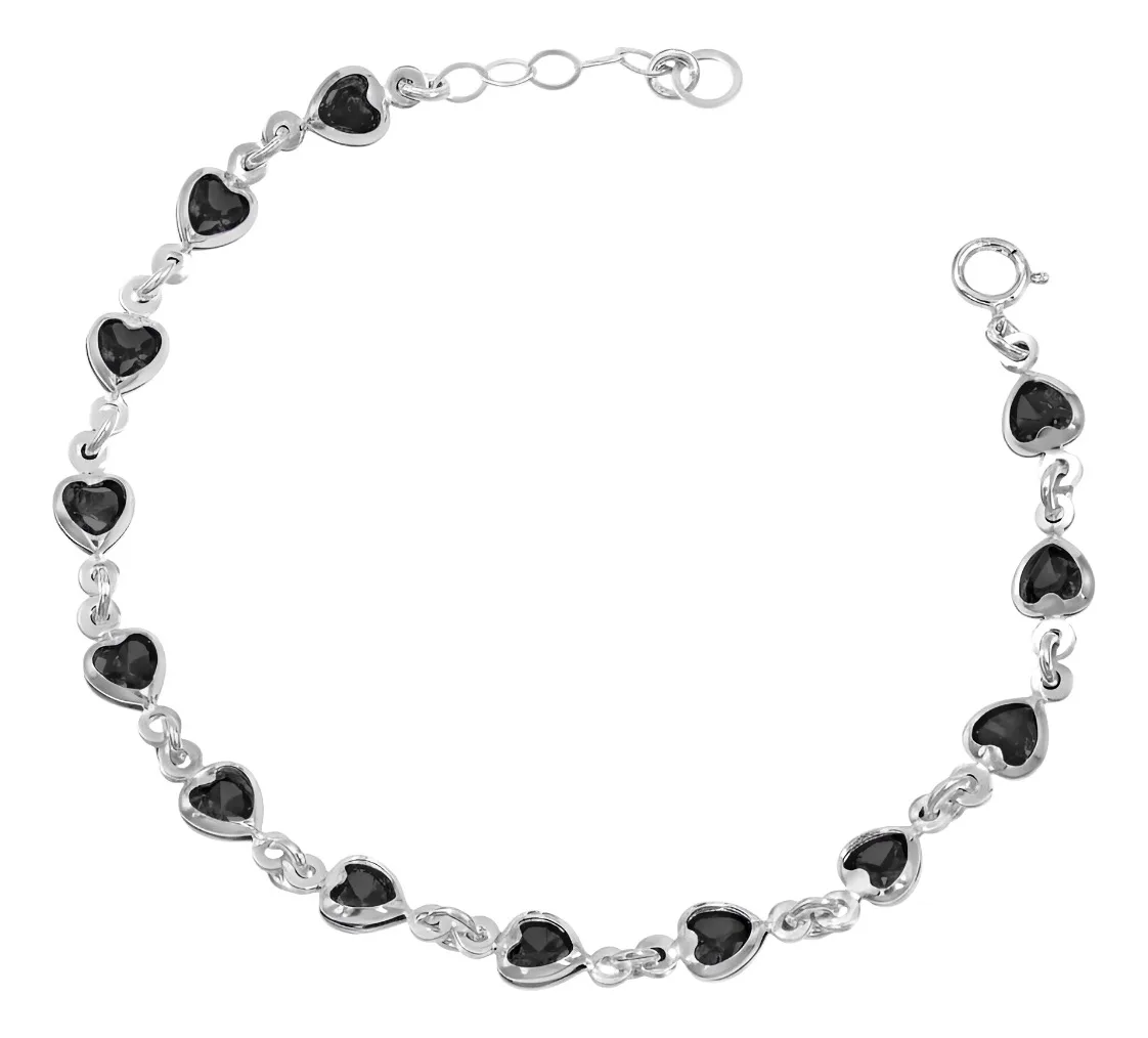 Pulsera de plata .925 negro zirconia corazones ajustable — Joyaris