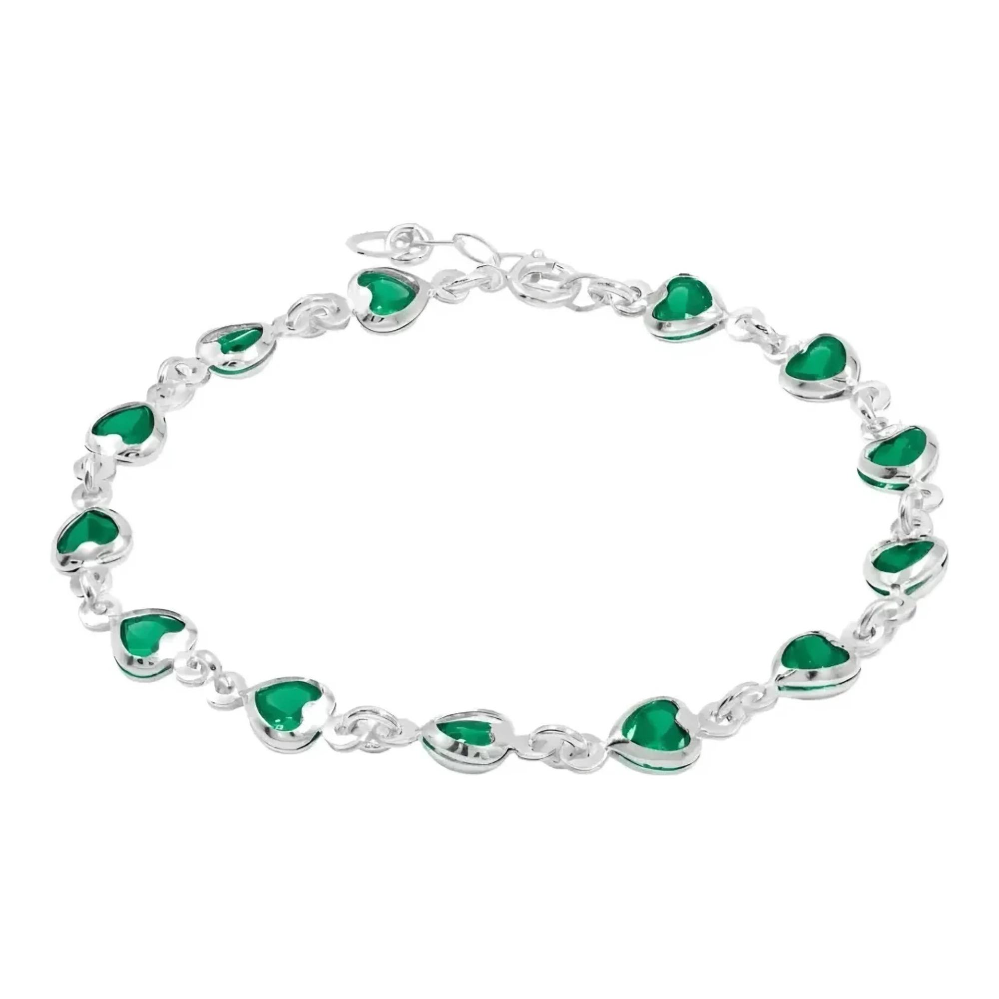 Pulsera plata mujer ley 925 con dije de corazón acabado liso circonia verde esmeralda 19cm broche bandola joyería mexicana