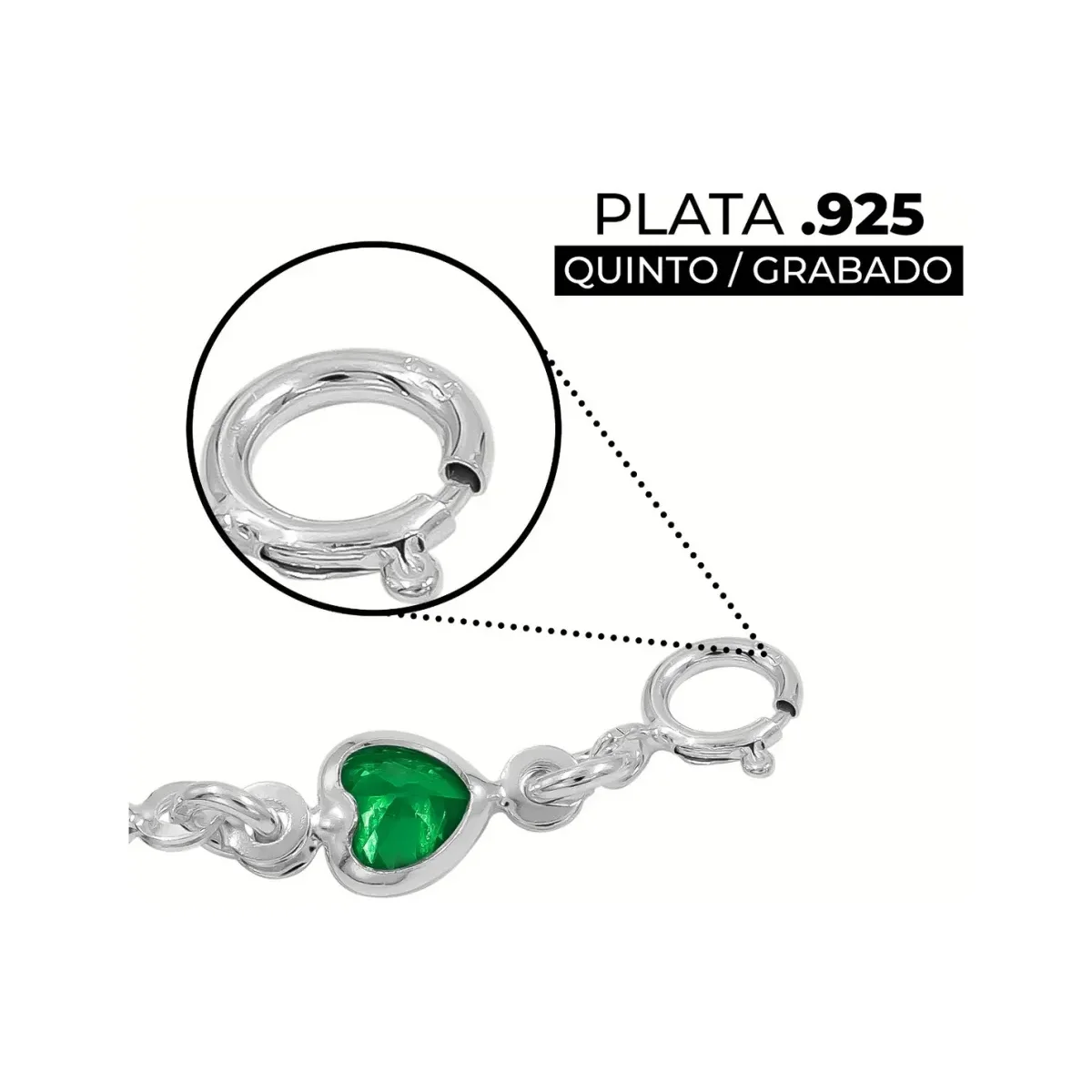 Pulsera de Plata 925 Corazones con Zirconia Verde 19cm - Imagen 3