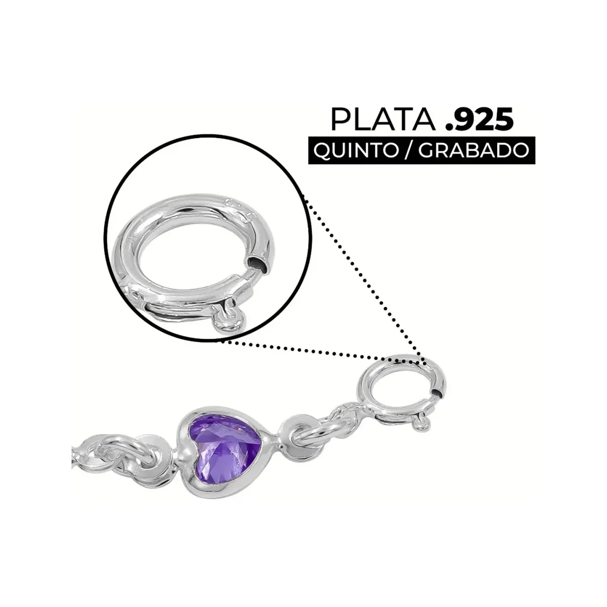 Pulsera Plata 925 Corazones Zirconia Violeta Ajustable - Imagen 3
