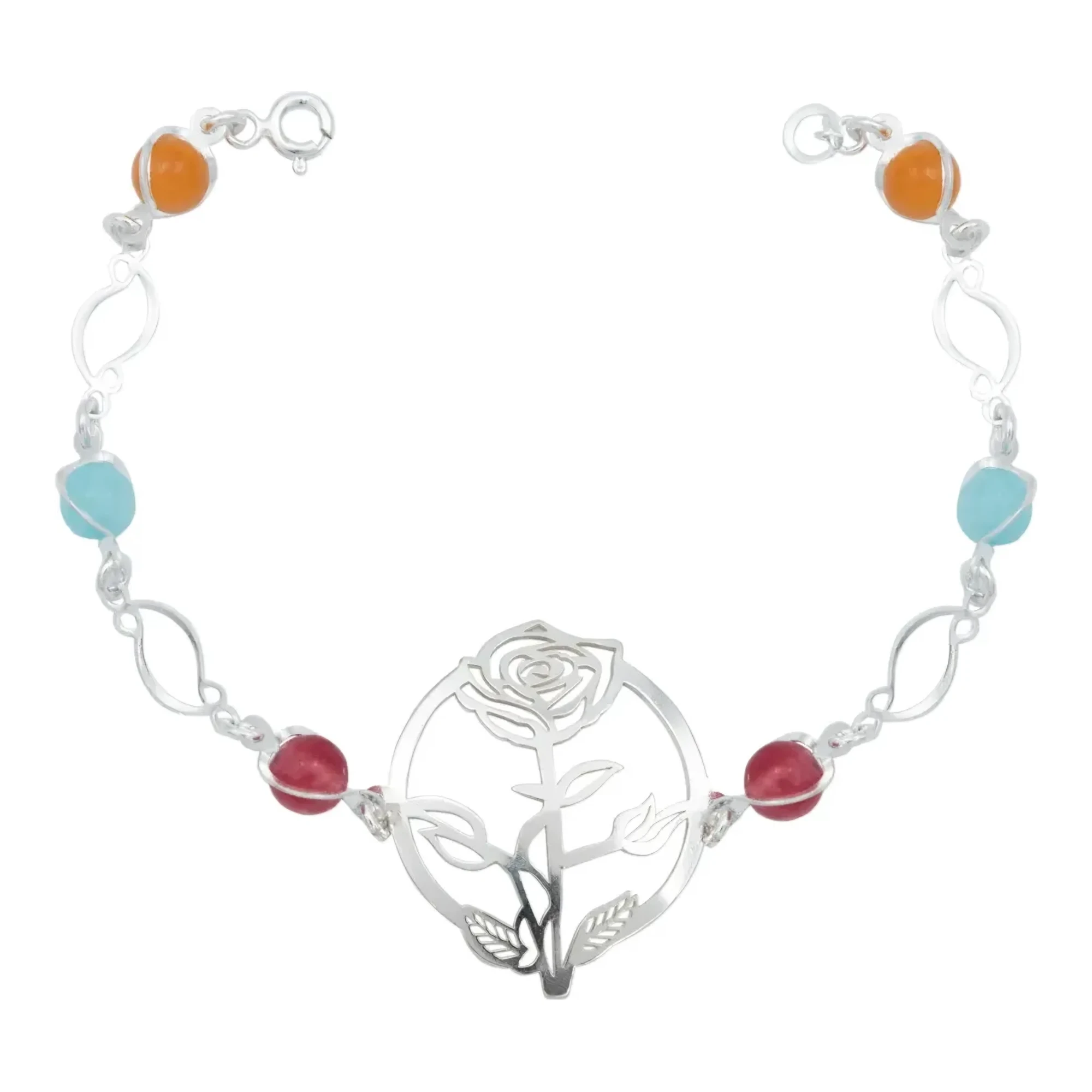 Pulsera de flores plata .925 con dije y cuarzo multicolor, brazalete grabado artesanal para mujer estilo clásico mexicano