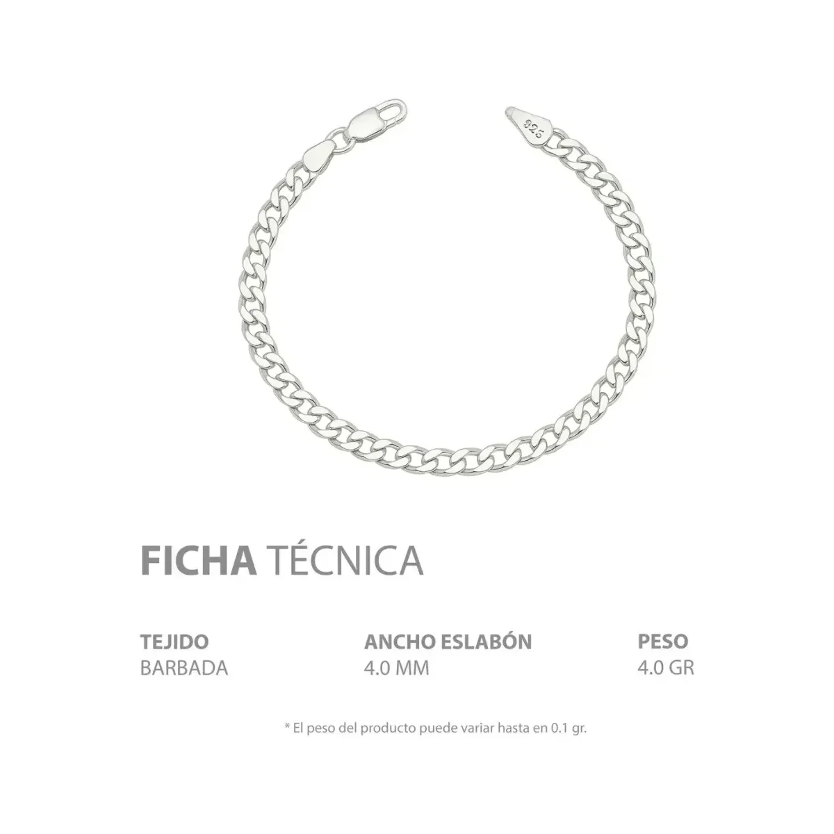 Pulsera Esclava Plata 925 Cadena Cubana Barbada Hombre - Imagen 4