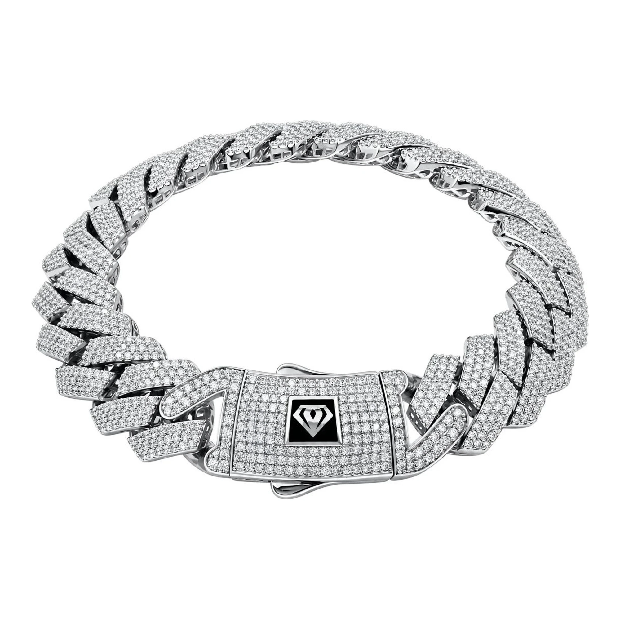 Pulsera cubana de plata .925 con zirconia en acabado pavé de 13 mm y 20 cm con broche de botón - Joyaris