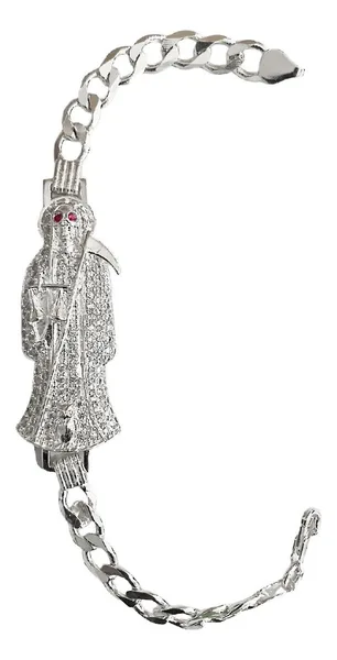 Pulsera Cadena Cubana Plata 925 Santa Muerte Tono Fucsia Hombre 20cm - Imagen 1