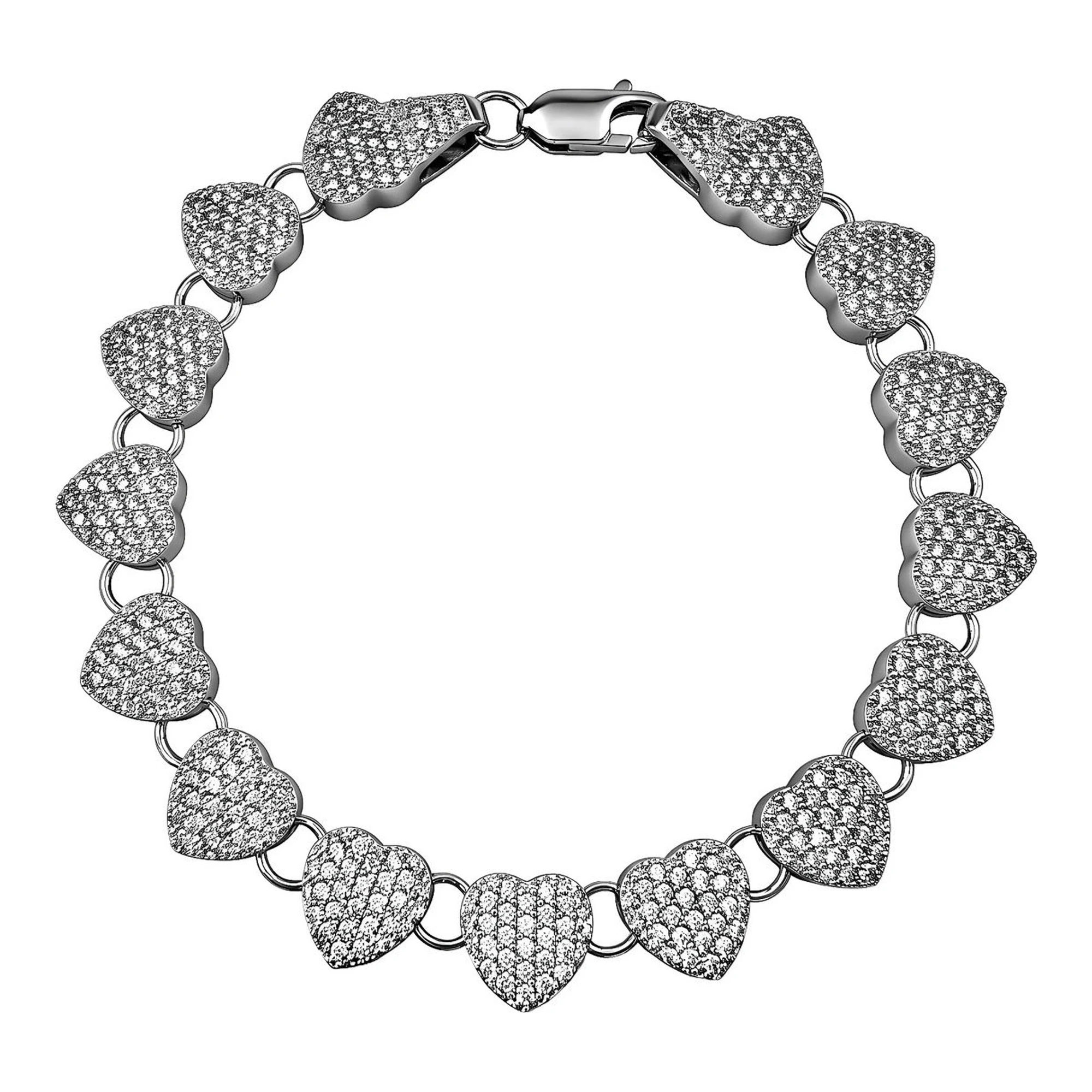 Pulsera de plata ley .925 eslabones de corazón con zirconia pavé 8 mm - Joyaris joyería fina mexicana