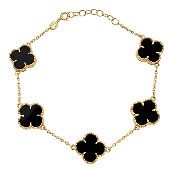 Pulsera de oro 10k con dije de trébol en ónix negro de 14 mm y cadena ajustable - Joyaris joyería fina mexicana