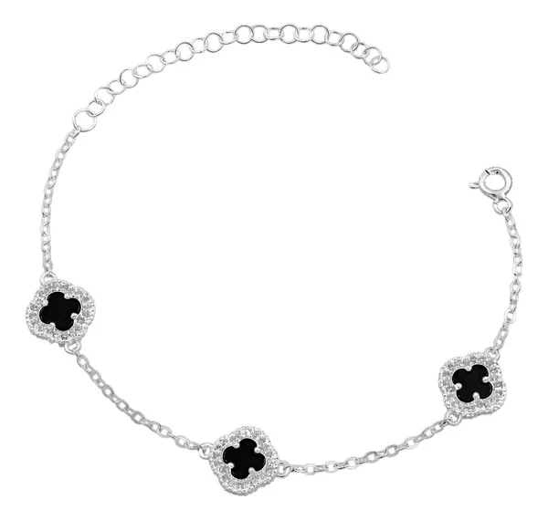 Pulsera de plata .925 negro zirconias 3 treboles ajustables — Joyaris