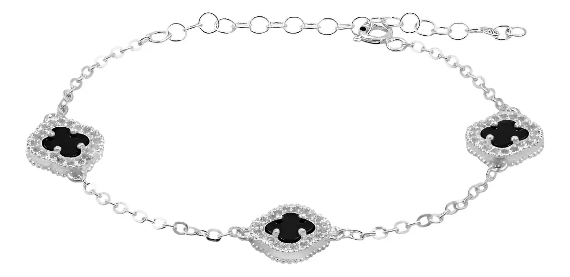 Pulsera de plata .925 negro zirconias 3 treboles ajustables — Joyaris