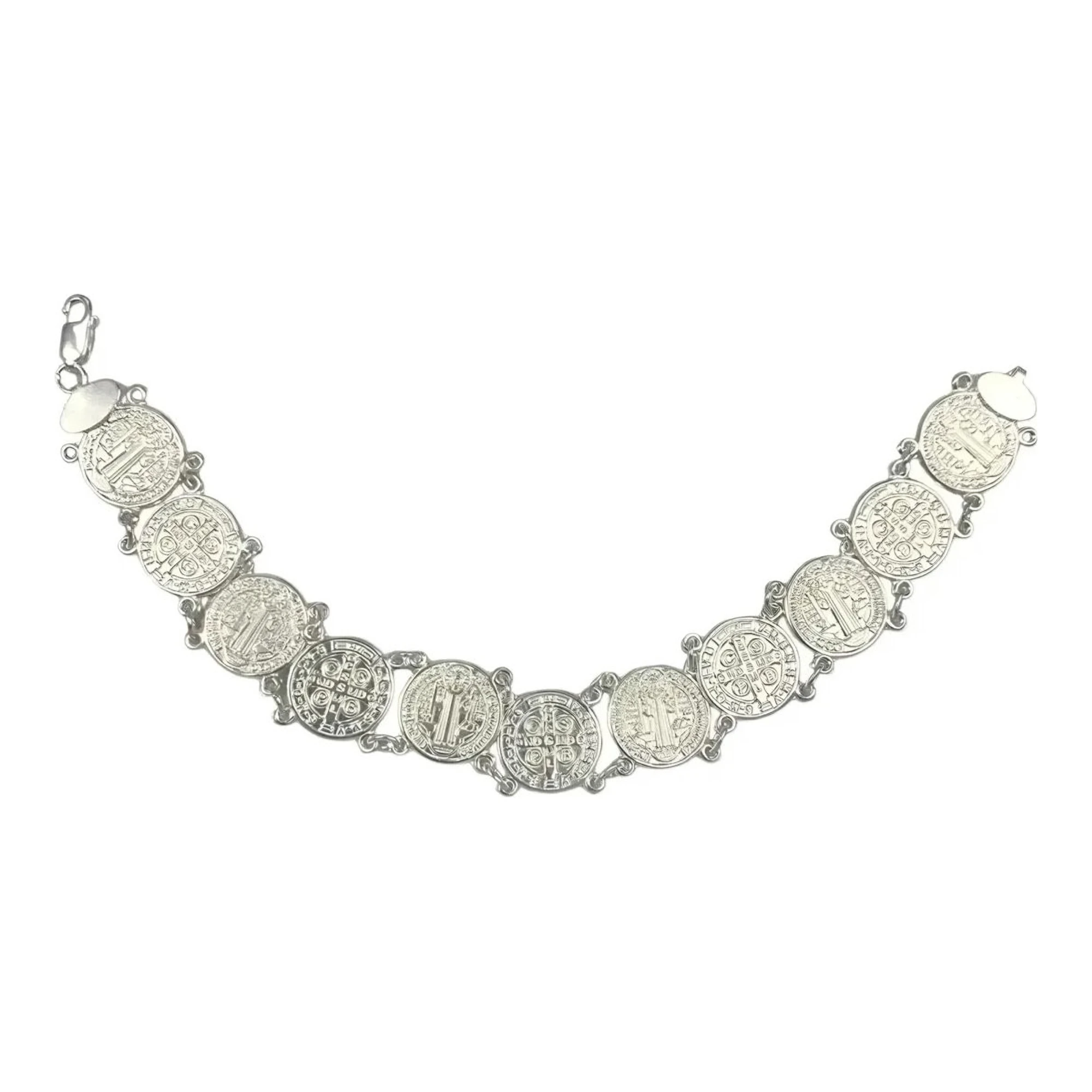 Pulsera de Plata .925 con Medallas de San Benito de 13 mm y 20 cm de largo - Joyaris joyería mexicana