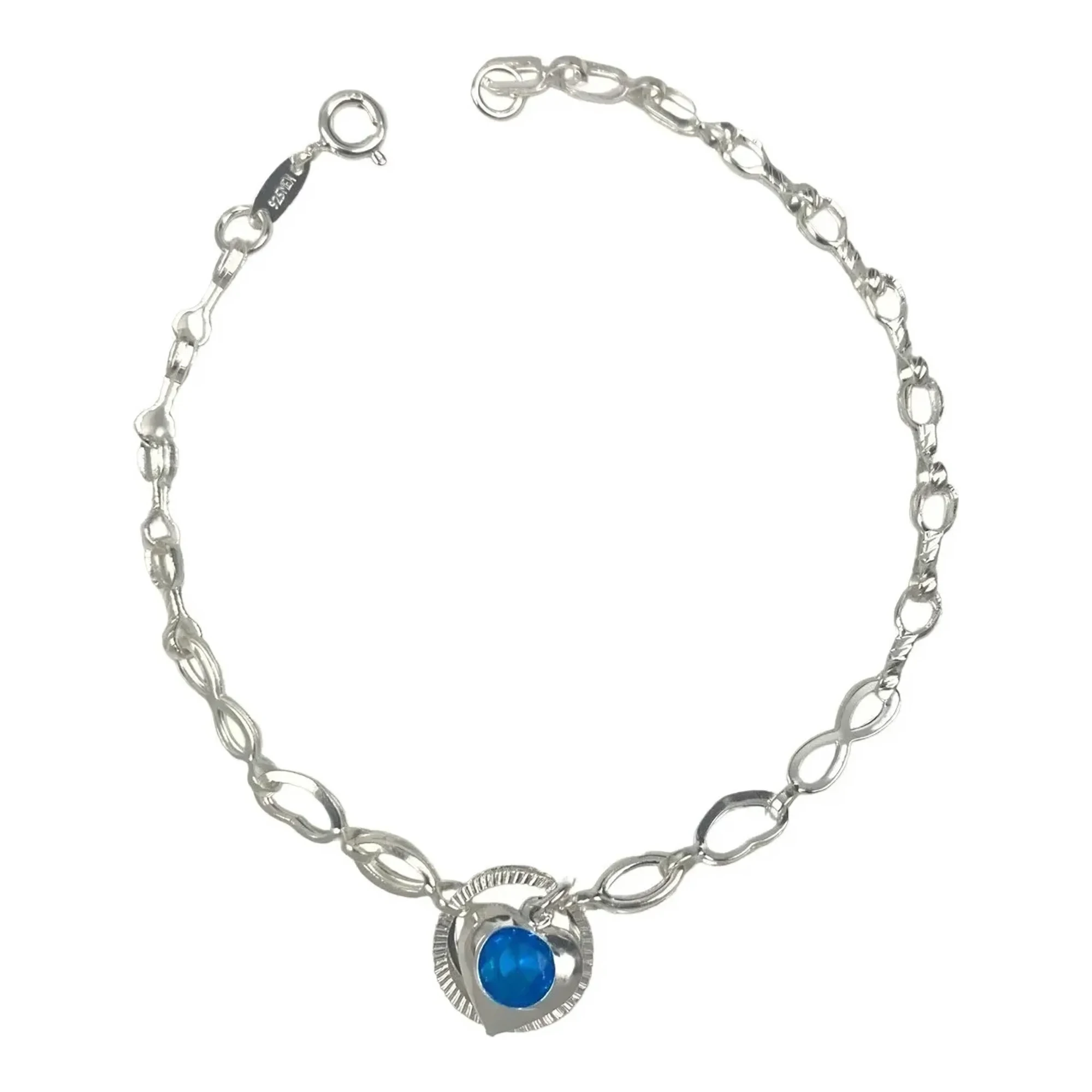 Pulsera infinito plata 925 ajustable de 19 cm para mujer con dije corazón acabado liso y broche de perico en plata esterlina