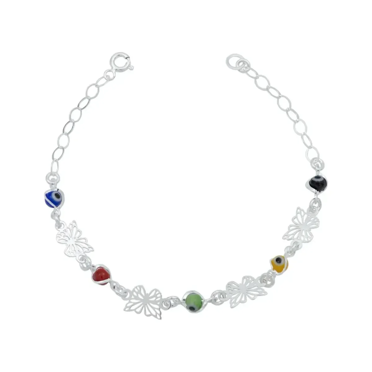 Pulsera de plata .925 artesanal con mariposa y ojo turco multicolor. Joyería mexicana de protección con significado místico.
