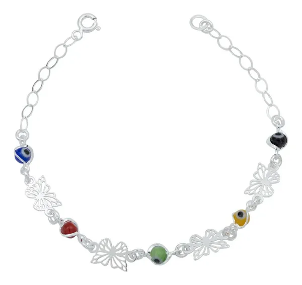 Pulsera de Plata 925 Mariposa y Ojo Turco Multicolor Artesanal - Imagen 1