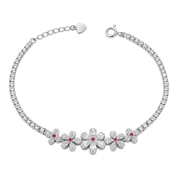 Pulsera de plata .925 rodizada con 5 flores y zirconias blancas y fucsia de 19.5 cm - Joyaris joyería fina