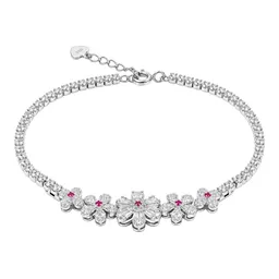 Pulsera de Plata .925 Rodizada con 5 Flores y Zirconia Ajustable 19.5 cm - Imagen 2