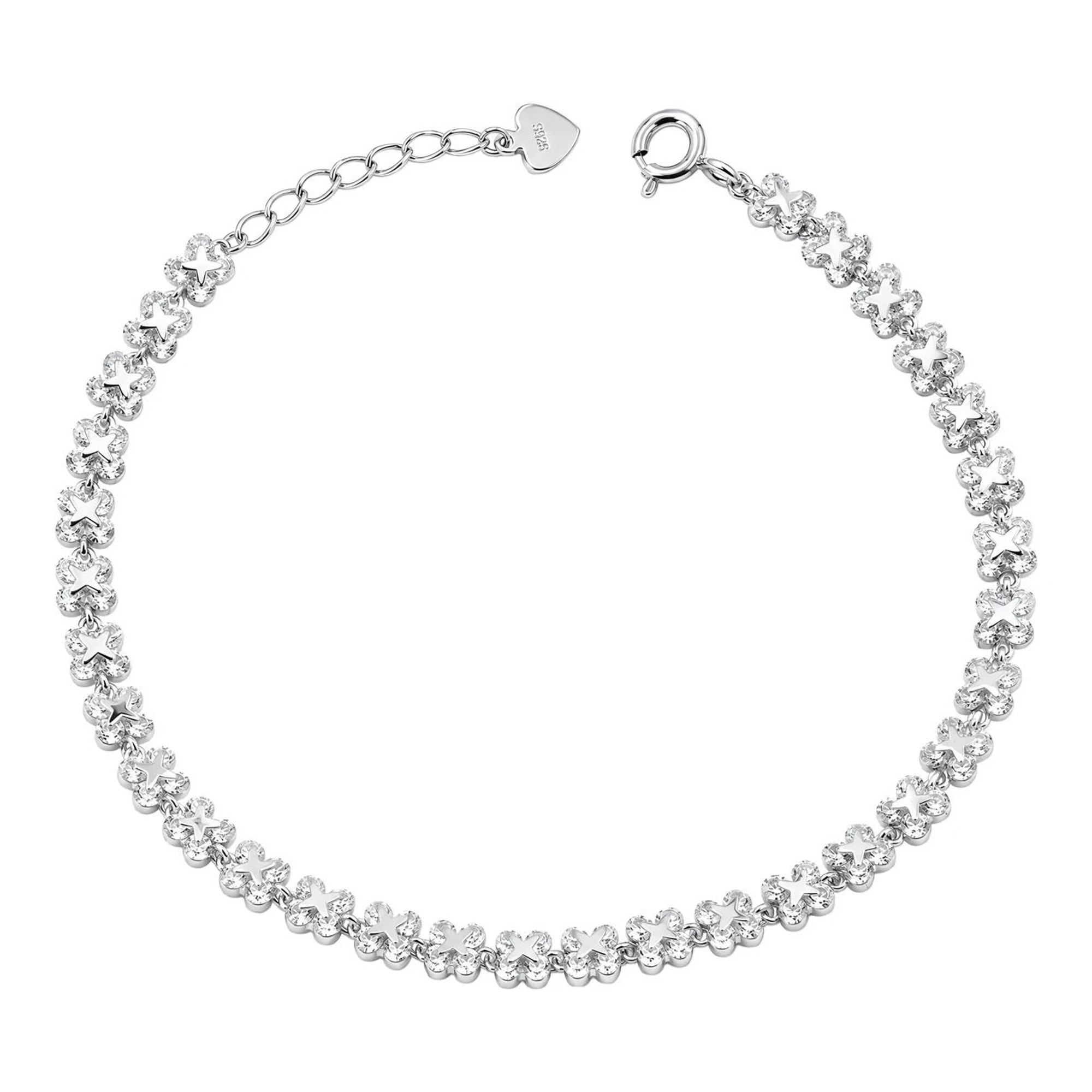 Pulsera de plata .925 rodizada con eslabones de trébol y zirconia blanca de 17 cm ajustable - Joyaris
