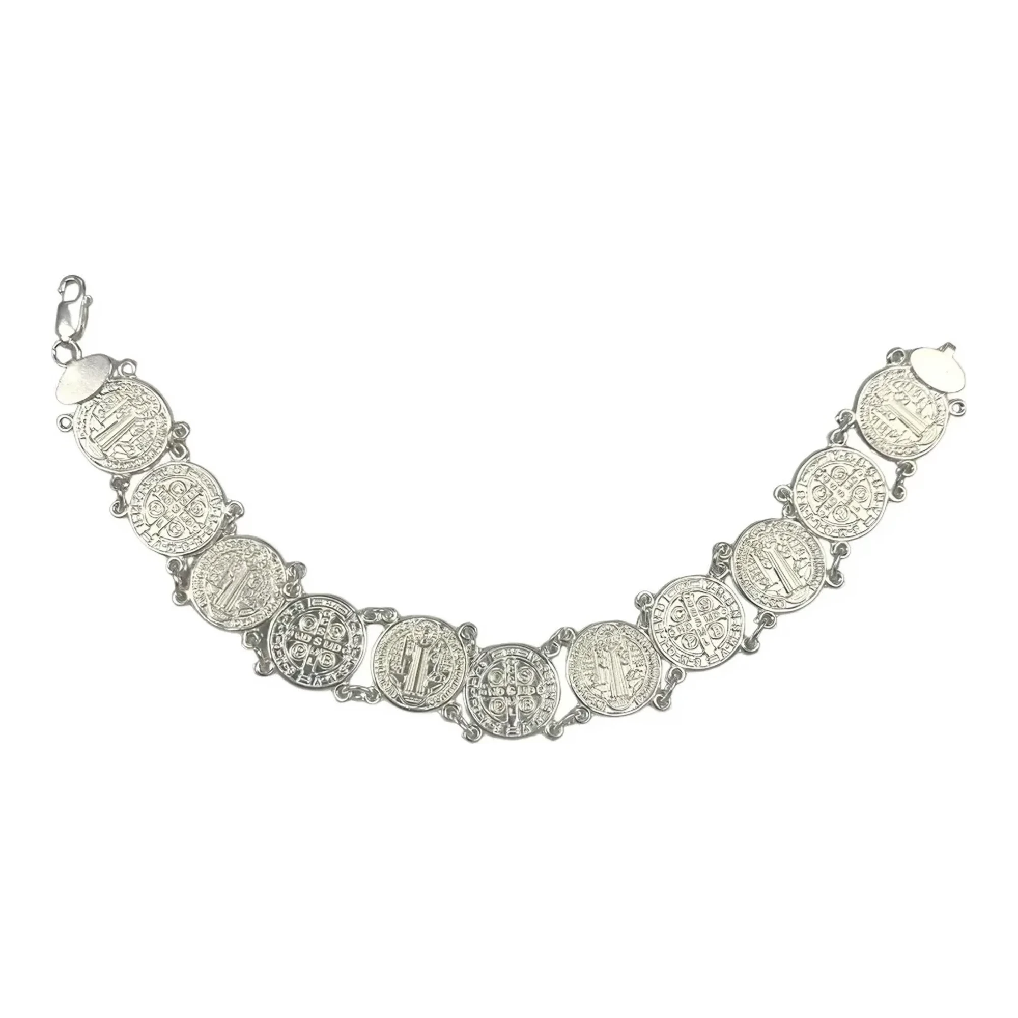 Pulsera de cadena de Plata .925 con Medallas San Benito, diseño artesanal, acabado brillante, joyería de protección.