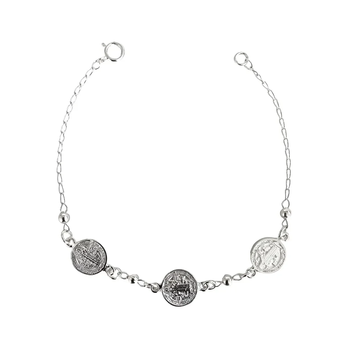 Pulsera de Plata Ley 925 brillante y ajustable con tres medallas de San Benito, diseño religioso moderno, dije protección est