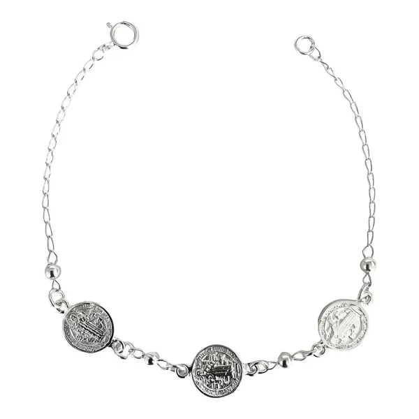 pulsera de plata .925 plateado 3 medallas San Benito ajustable — Joyaris