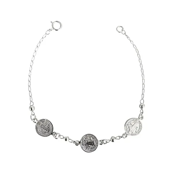 pulsera de plata .925 plateado 3 medallas San Benito ajustable — Joyaris