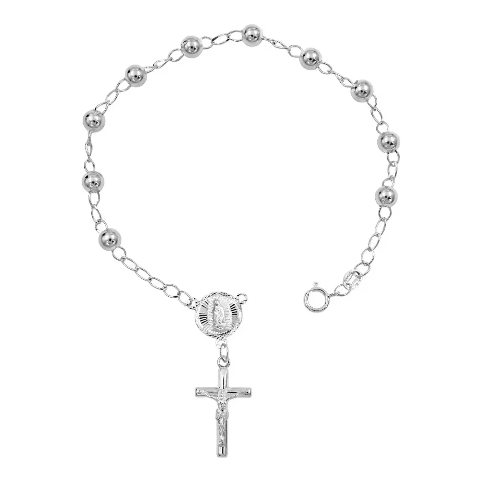 Pulsera Decenario Plata 925 con dije Virgen y Cruz, joyería espiritual delicada para mamá, regalo día de la madre plata.