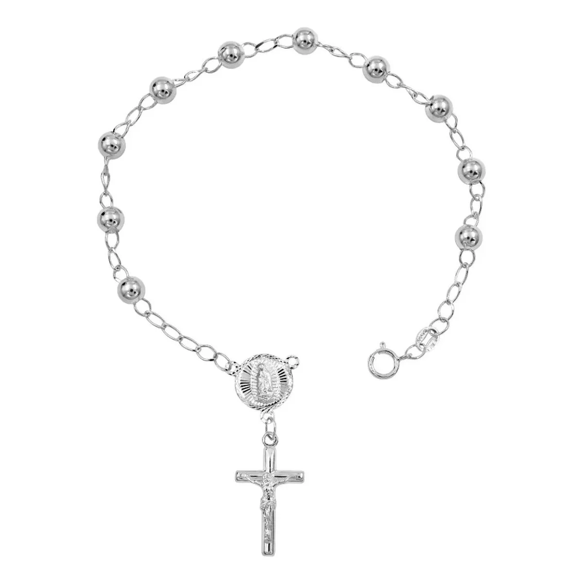 Pulsera Decenario Plata 925 con dije Virgen y Cruz, joyería espiritual delicada para mamá, regalo día de la madre plata.