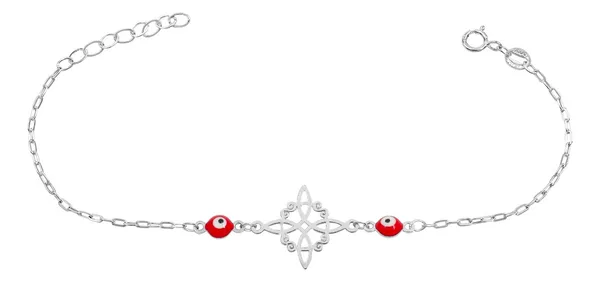 Pulsera Plata 925 Nudo Bruja Ojos Turcos Rojos Ancla Ajustable - Imagen 1