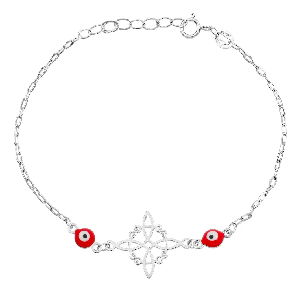 Pulsera Plata 925 Nudo Bruja Ojos Turcos Rojos Ancla Ajustable - Imagen 1
