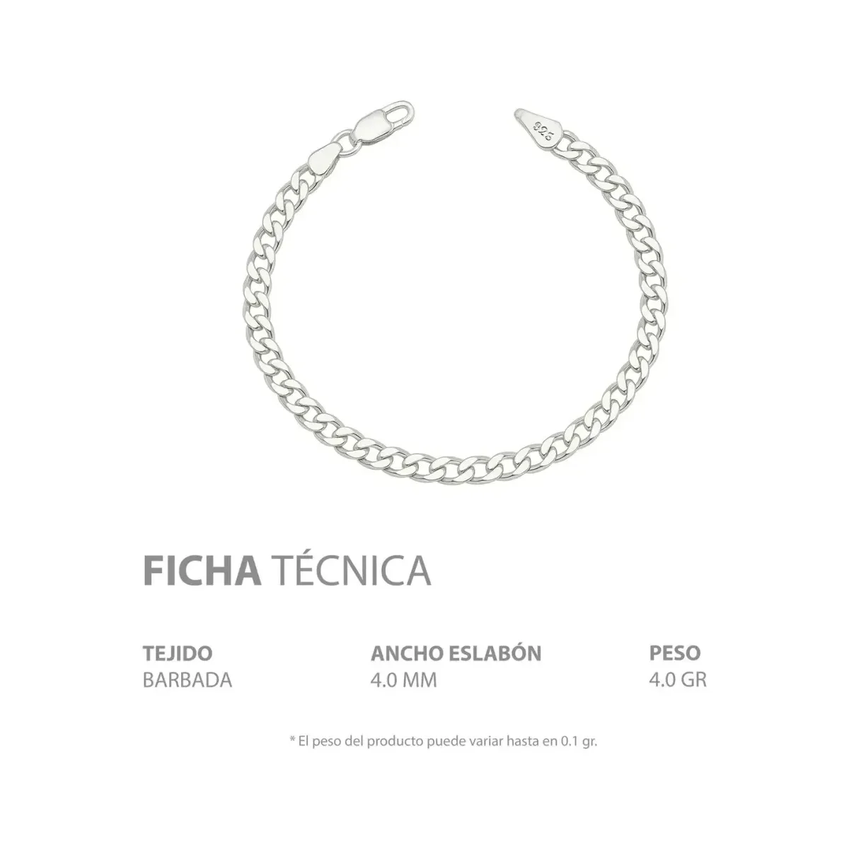 Pulsera Esclava Plata 925 Diseño Cadena Cubana Barbada 4mm para Hombre - Imagen 4