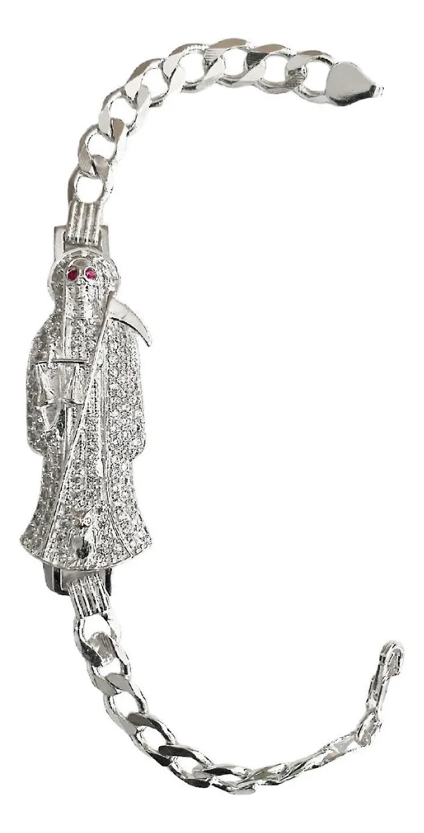 Pulsera Esclava Plata 925 Cadena Cubana Santa Muerte Hombre. Joyería de plata gruesa y maciza para caballero con estilo urban